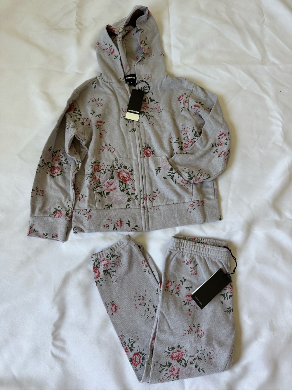 Monrow Light Gray Zip Hoodie with Pink Rose Print